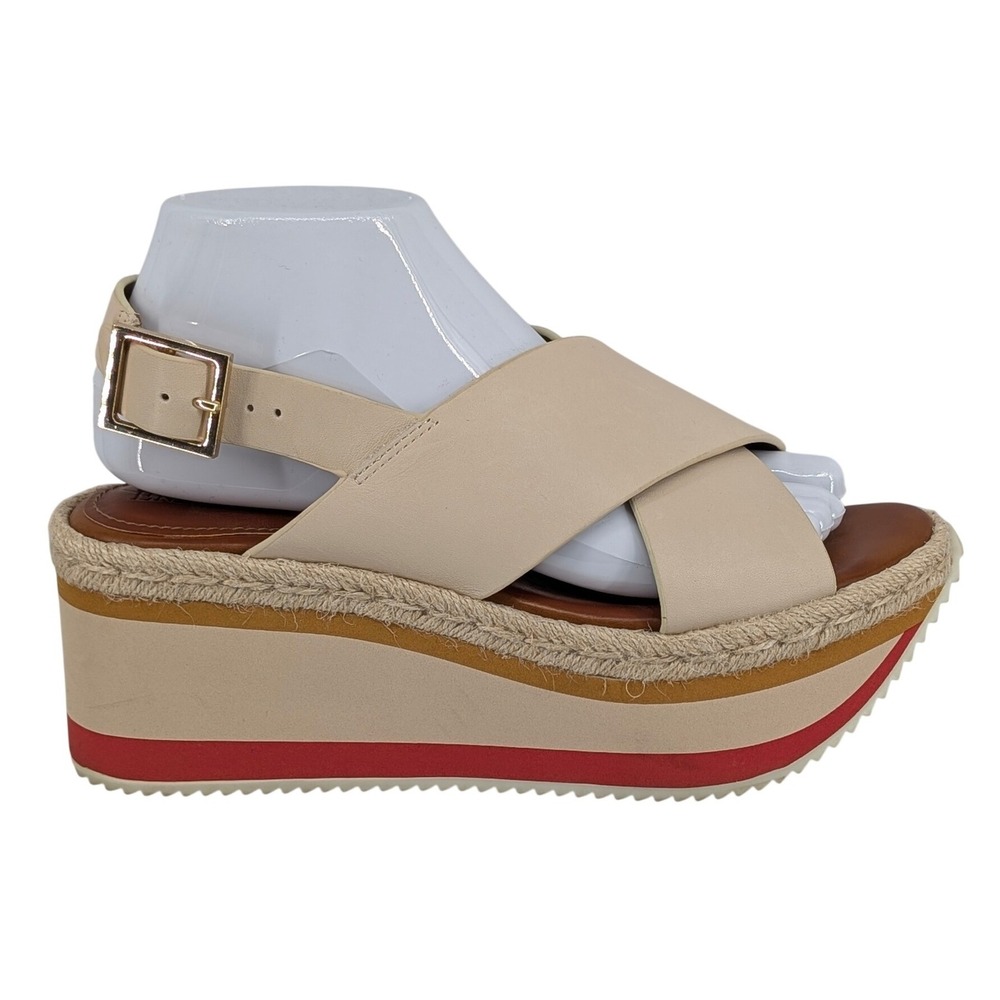 Enzo Angiolini EVA Women 8.5 Beige Leather Espadrille Platform Wedge Sandals